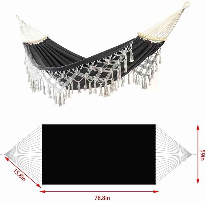 Canvas Hammock, 2 Person Foldable Hanging Swing Hammock with Tassels for Beach Yard Bedroom Patio (Black)