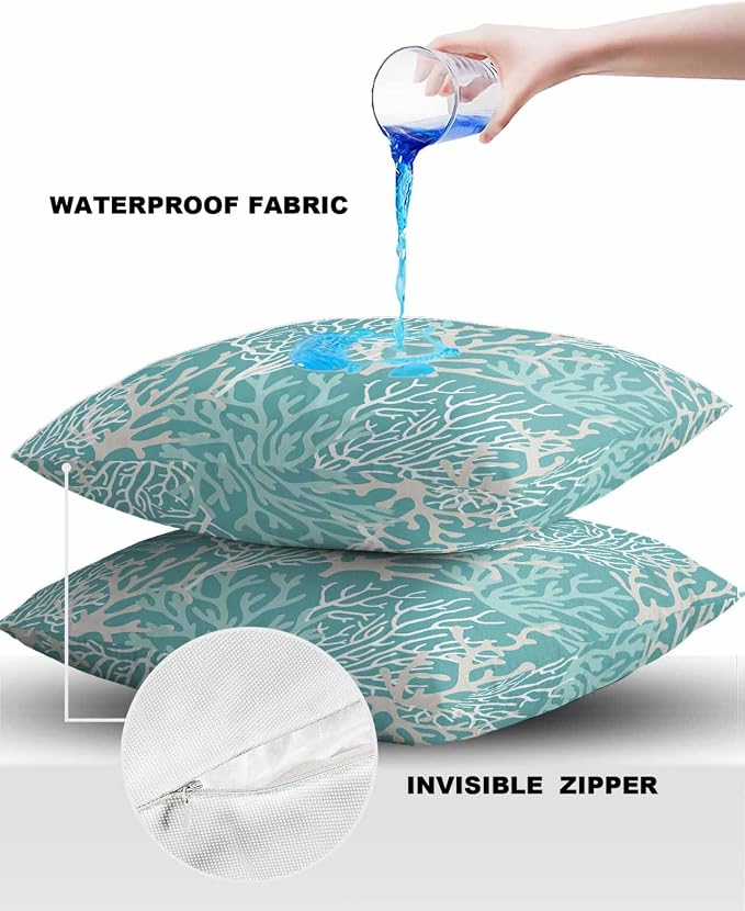 Outdoor Waterproof Throw Pillow Covers Set of 2 Turquoise Coral Pillowcases 18x18 Inches Nautical Coastal Marine Life Patio Decorative Pillows Cushion Case Patio Pillows for Couch Bed Chair Garden