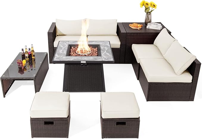 Tangkula 9 Pieces Outdoor Patio Furniture Set with 35-Inch Propane Fire Pit Table, Outdoor PE Wicker Sectional Sofa Set with Storage Box and Cushions, 50,000 BTU Gas Fire Pit Table (Off White)