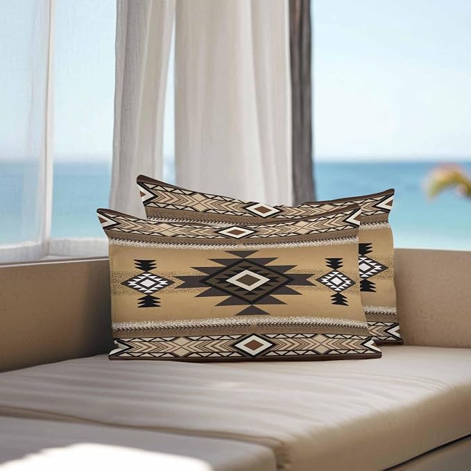 Vandarllin Outdoor Throw Pillows Covers 20x12 inch Set of 2 Waterproof Tribal Style Decorative Zippered Cushion Covers for Patio Furniture, Brown Southwest Native American Lumbar Pillowcases