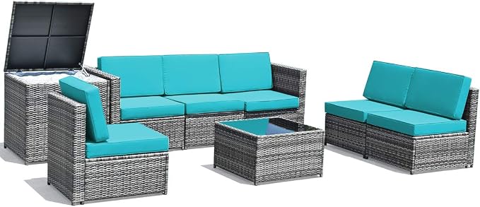 RELAX4LIFE 8-Piece Patio Furniture Set - PE Wicker Conversation Set w/Soft Cushions & Tempered Glass Storage Table, Outdoor Sectional Sofa Set for Garden, Poolside, Backyard (Turquoise)