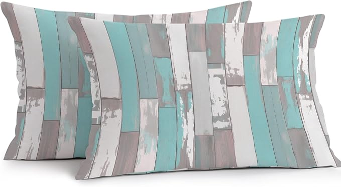 Turquoise Gray Outdoor Pillow Covers 20x12 Inch Lumbar Pillow Covers Set of 2 Waterproof Decorative Throw Pillow Cases Country Retro Mottled Texture Wood Grain Cushion Covers for Patio Furniture