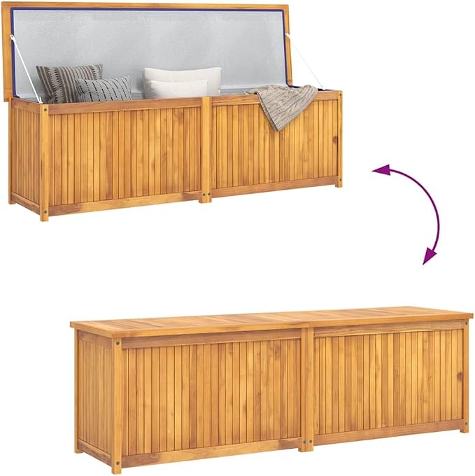 Outdoor Deck Storage Box, 68.9 inch Large Wooden Patio Chest for Garden Furniture, Cushions, and Tools, Teak Finish Weather Resistant Bin