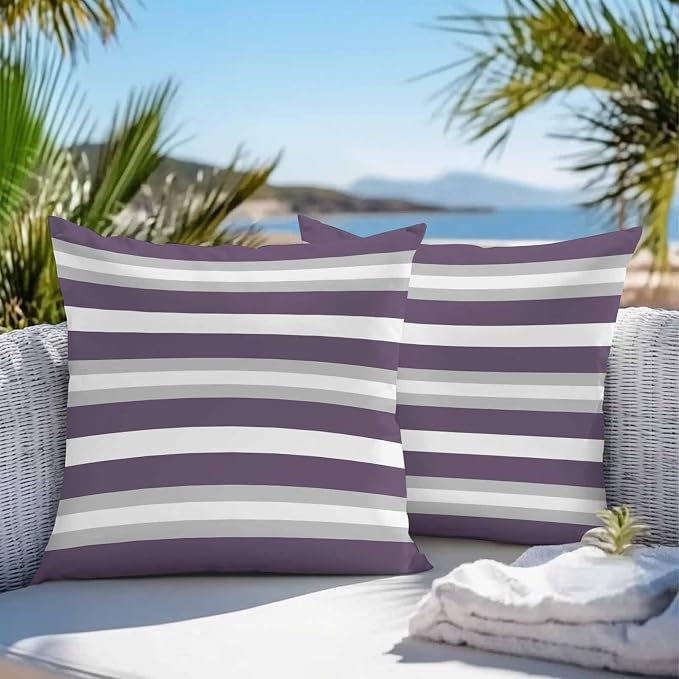 Throw Pillow Covers 20x20 Inch Set of 2, Purple Grey Stripe Waterproof Outdoor Pillow Covers, Minimalist Farmhouse Striped Decorative Cushion Pillowcases for Couch, Sofa, Bed, Garden, Patio
