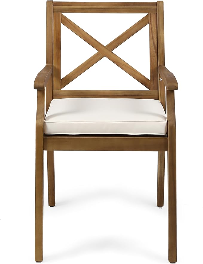 Christopher Knight Home Pines Outdoor 5 Piece Acacia Wood Dining Set with Cushions, Teak Finish and Cream