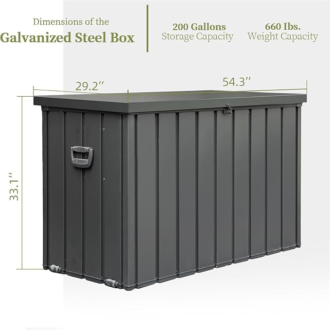200 Gallon Galvanized Steel Deck Box, Outdoor Storage Box Waterproof with Wheels, Lockable Storage Container for Patio Furniture Cushions Garden Tools, Dark Gray