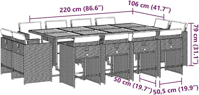 13 Piece Outdoor Patio Dining Set with Cushions Gray Poly Rattan Folding Chairs Acacia Wood Table for Backyard Garden