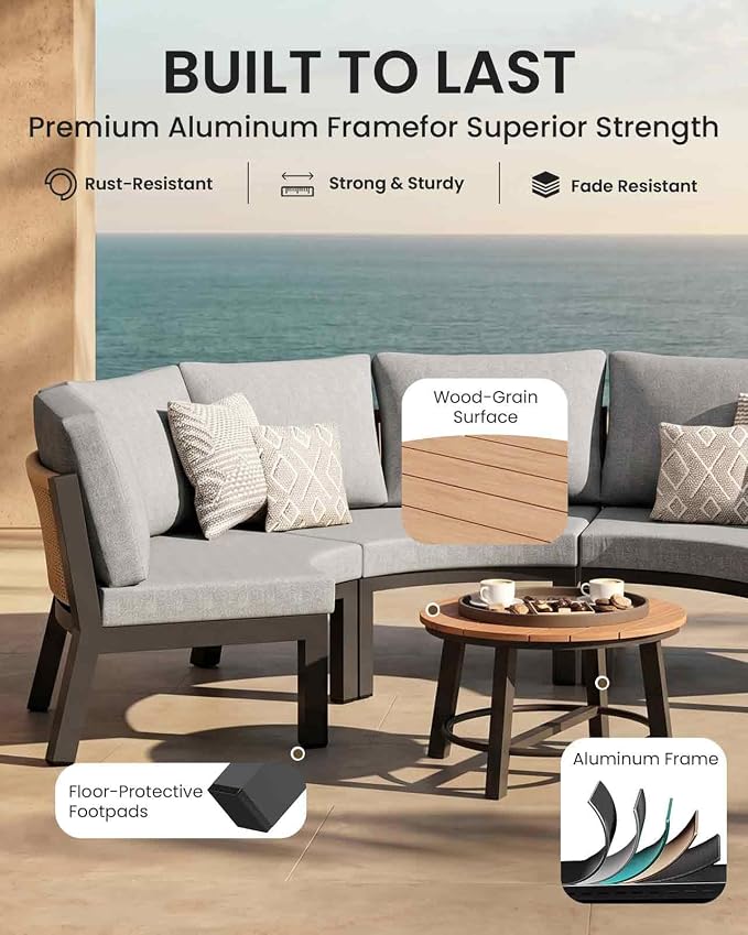 Half Moon Patio Furniture Set, Aluminum Curved Patio Conversation Sets, Luxury Outdoor Sectional Sofa with PE Rope, All-Weather 7 Pcs Outdoor Couch with Modular Coffee Table & Cushions, Gray