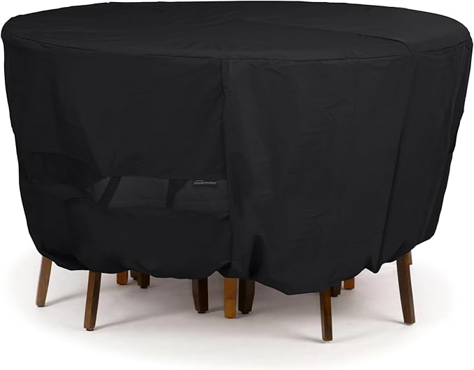 Covermates Classic Round Patio Dining Table and Chair Set Cover – All-Weather Outdoor Protection, Water-Resistant Vinyl, Elastic Hem, Mesh Vents, with Umbrella Hole 86 Diameter x 40H, Black