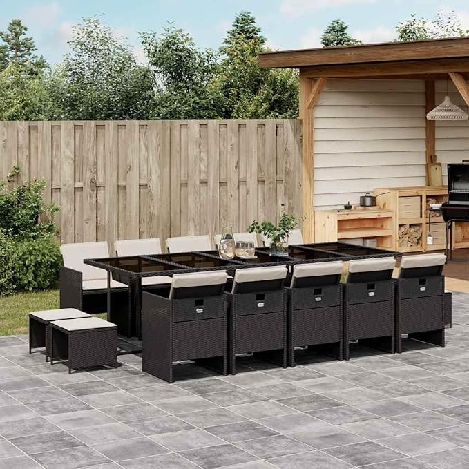 15-Piece Garden Dining Set, Outdoor PE Rattan Patio Furniture Set with 10 Collapsible Chairs, 4 Stools and Tempered Glass Table for Backyard Terrace, Black