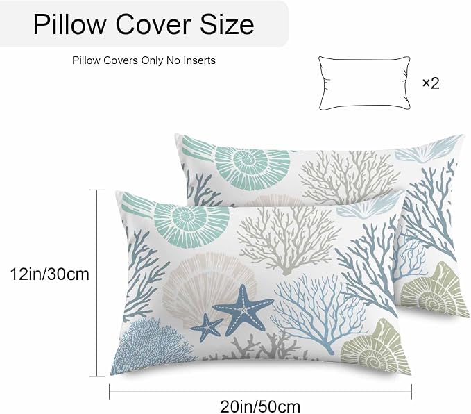 Coral Outdoor Throw Pillow Covers Pack of 2, Teal Marine Coral Abstract Geometric Waterproof Pillow Covers Pillowcase for Outside Furniture Bench Patio Garden Decorative, 12 x 20 inch