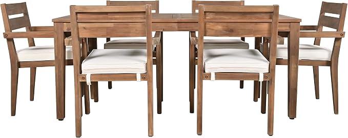 RUNNA 7-Piece Outdoor Patio Dining Set,Acacia Wood Outdoor Dining Table and Chairs Set with Armrest Chairs with Cushions for Patio, Balcony Or Backyard (Burly Wood/Acacia Wood)