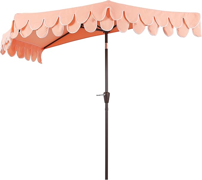 JONATHAN Y Terrace Scalloped 9 ft. Half Round Patio Umbrella with Crank Lift and Tilt, Coastal Semicircle Market Wall Umbrella for Balcony, Coral Pink/White, Dark Brown Pole UMB1202E