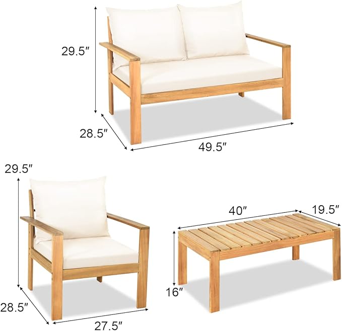 HAPPYGRILL 4 Piece Patio Furniture Set Outdoor Conversation Set Wood Sofa Table Set with Cushions, Acacia Wood Chairs & Coffee Table Set for Garden Backyard Poolside