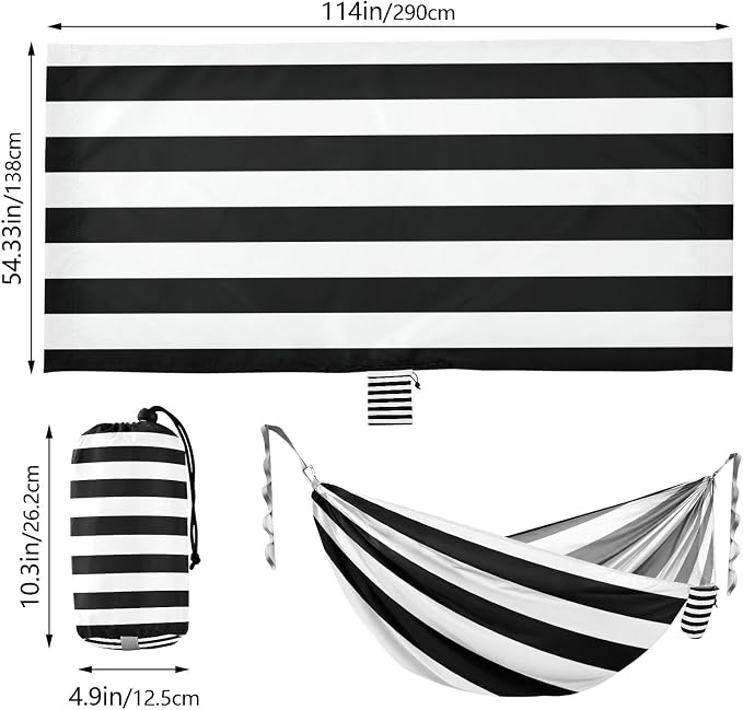 Black White Stripes Camping Hammock, Portable Lightweight Single Hammock with Tree Straps and Aluminum Carabiners, 114" x 54" Travel Hammock for Hiking Backpacking Beach