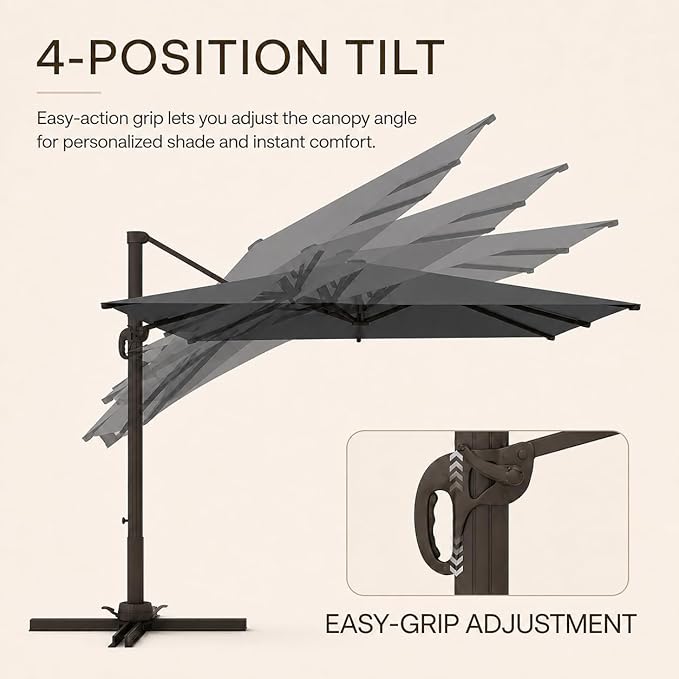 Kingdura 10' X 10' Cantilever Patio Umbrella with Base Included, Large Square Aluminum Outdoor Offset Umbrella with 360-degree Rotation, 4 Position Tilt, UV Protection for Pool Deck Garden Patio (Grey)