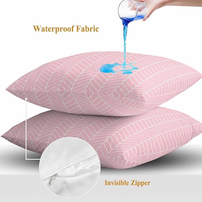 Outdoor Waterproof Throw Pillow Covers Set of 2 Pink Chevron Stripes Pillowcases 20x20 Inches Modern Geometric Texture Decorative Pillows Cushion Case Patio Pillows for Couch Bed Chair Garden