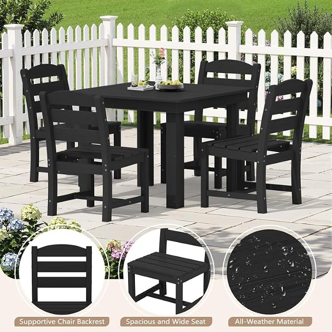 KINGYES 5-Piece HDPE Outdoor Dining Set for 4, Square Patio Table & Armless Chairs with Umbrella Hole, All-Weather Patio Dining Set for Backyard, Garden, Lawn & Poolside, Black