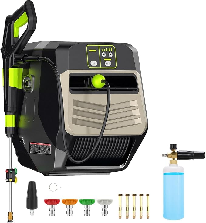 Wall Mounted𝐌𝐀𝐗𝐏𝐒𝐈𝟓𝟓𝟎𝟎 𝐏𝐫𝐞𝐬*𝐬𝐮𝐫𝐞 𝐖𝐚*𝐬𝐡𝐞𝐫 - 5 Levers with 100FT Retractable Hose for Car/Driveway,Automatic Rewind, Any Length Lock,Black