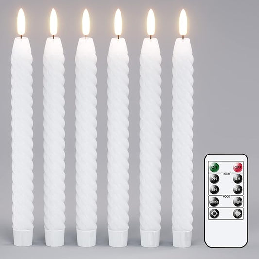 Flameless Taper Candles Real Wax Flickering with Remote Timer, Pastel White 3D Wick LED Spiral Candles Battery Operated 6 Pack 9.8 inch, Wedding Birthday Home Party Holiday Dinner Decor
