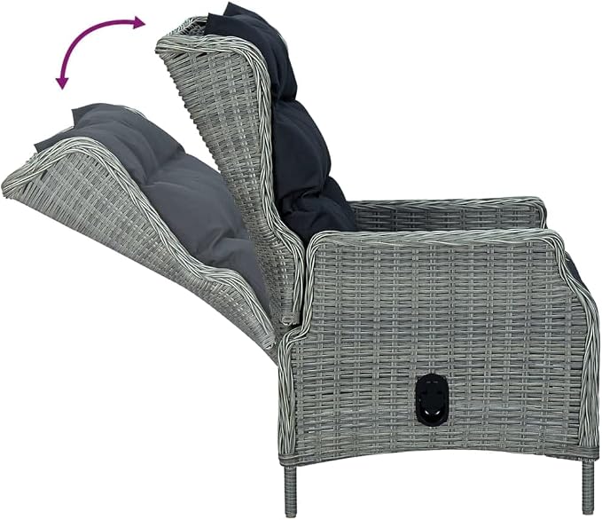 5 Piece Patio Dining Set Light Gray Poly Rattan with Adjustable Reclining Chairs, Outdoor Garden Dining Table and 4 Chairs with Thick Cushions for Backyard Poolside Lawn
