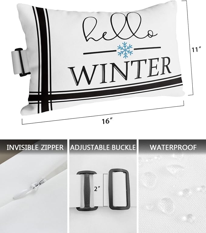 Outdoor Pillows Covers with Inserts Christmas Hello Winter Snowflake Black Line Waterproof Recliner Pillow with Adjustable Strap Throw Pillows for Patio Furniture Pool Lounge Chair, 11x16 inch, 1PCS