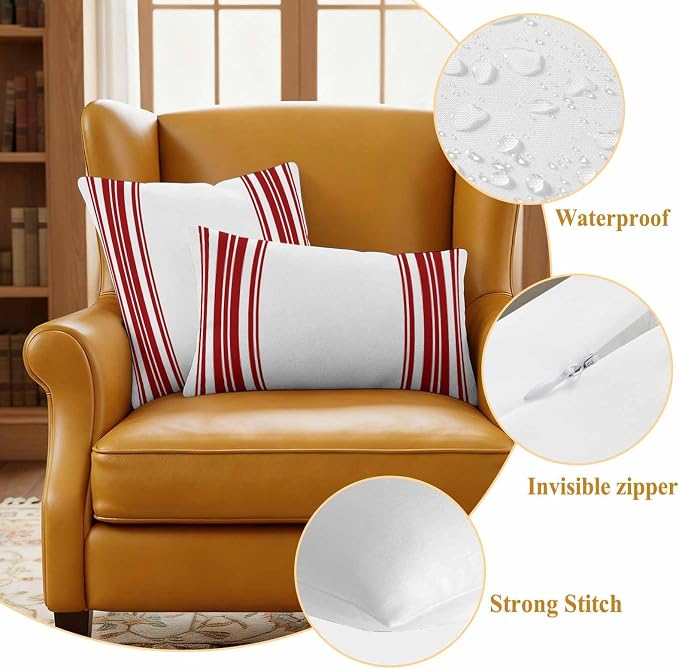 Outdoor Waterproof Throw Pillow Covers Set of 2 Red Stripes Pillowcases 26x26 Inches White Vertical Striped Decorative Pillows Cushion Case Patio Pillows for Couch Bed Chair Garden