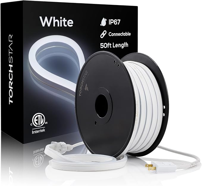 TORCHSTAR 50ft LED Neon Rope Light, Daylight White LED Strip Lights | Outdoor IP67 Waterproof, 120V UL Plug, ETL Connectable, Neon Light Strip for Shop Sign, Patio Decor, Max 2 Sets (100FT)