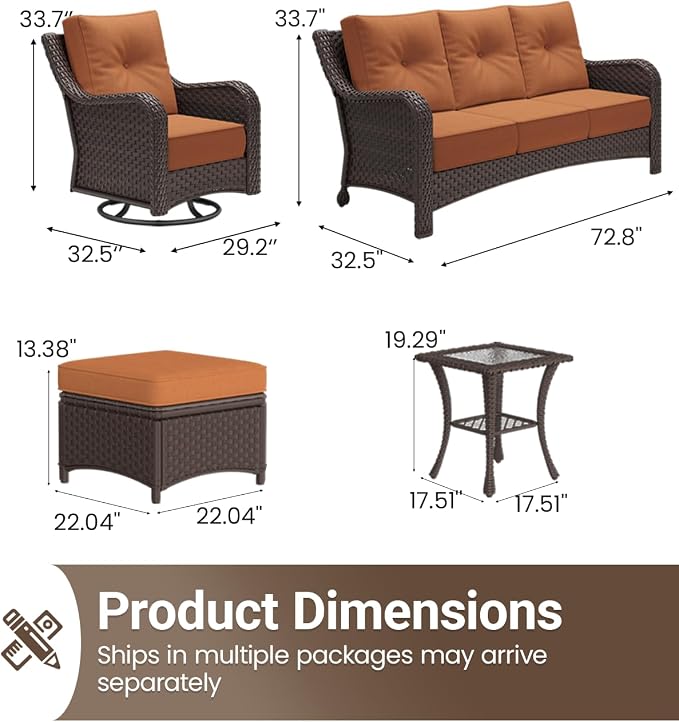 7 Pieces Outdoor Furniture Set with 6-inch Cushions, High Back Wicker Swivel Rocker Chairs with Coffee Table, Luxury Conversation Set for Deck Patio and Poolside