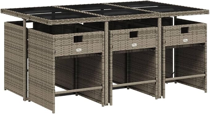 7 Piece Garden Dining Set with Cushions Grey Poly Rattan Outdoor Patio Furniture Table and 6 Chairs with Foldable Design Tempered Glass Top UV Resistant for Backyard