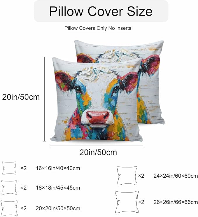 Colorful Cow Outdoor Pillow Covers Pack of 2 Rustic Animal Abstract Cattle Wood Grain Waterproof Throw Pillow Covers Decorative Cushion Cases for Patio Garden Tent Balcony Couch 24x24 inch