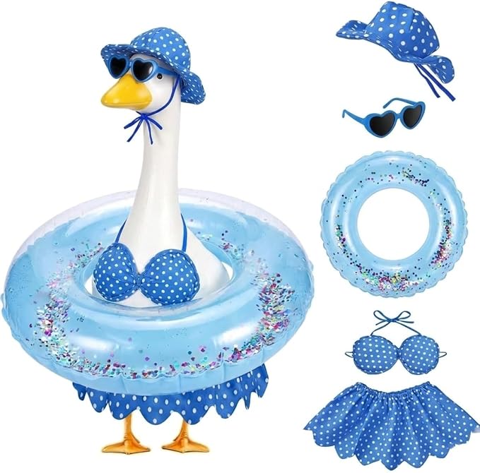 Bikini Porch Goose Outfits,Porch Goose Summer Outfits Swimsuit with Hat Sunglasses & Swim Ring,Fit 23'' Lawn Goose Statue for Summer Outdoor Garden Lawn Yard Decor (Swimsuit-Blue)