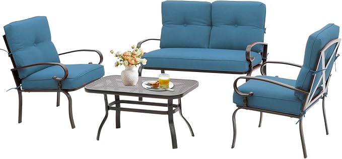 SUNCROWN 4 Pieces Outdoor Metal Furniture Patio Conversation Set Loveseat, 2 Dining Chairs and Coffee Table for Lawn Front Porch Garden, Blue Cushions
