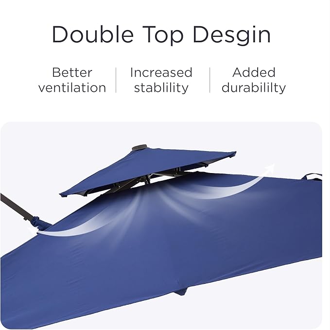 9' X 12' Patio Umbrella with Weighted Base and LED Lights Outdoor Cantilever Large Rectangle Offset Umbrellas Heavy Duty Aluminum Double Top with 360-degree Rotation for Pool Garden Deck, Navy