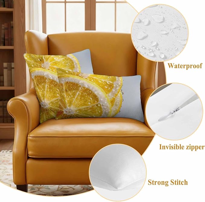 Yukro Lemon Slices Outdoor Waterproof Pillow Covers Pack of 2, Water Droplets Summer Yellow Fruit Throw Pillowcases Decorative Cushion Covers for Garden Patio Tent Sofa Couch, 18x18 inch