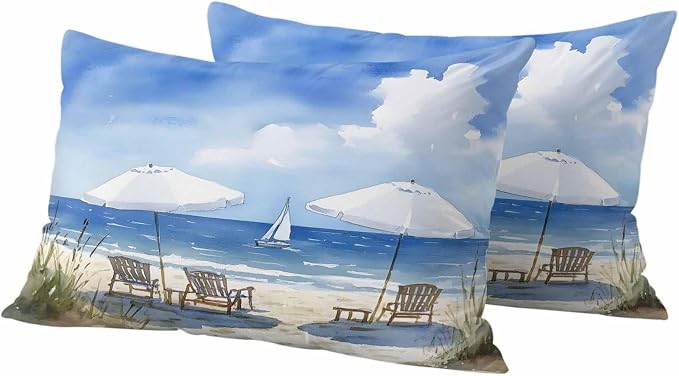 Watercolor Summer Beach Outdoor Waterproof Throw Pillow Covers Set of 2, 20"x12", Sun Umbrella Beach Chair Decorative Pillow Covers Outside Cushion Case for Patio Porch Garden