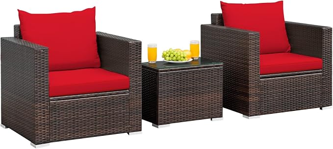 RELAX4LIFE 3-Piece Wicker Bistro Set - Outdoor Patio Rattan Sofa Set w/Washable Cushions & Tempered Glass Coffee Table, Conversation Furniture Set for Backyard, Porch, Garden & Poolside (Red)
