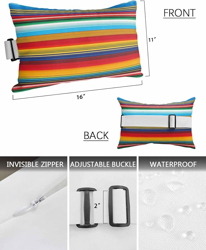 Outdoor Pillows Covers with Inserts Colorful Mexican Stripes Red Waterproof Recliner Pillow with Adjustable Strap Throw Pillows for Patio Furniture Pool Lounge Chair, 11x16 inch, 1PCS