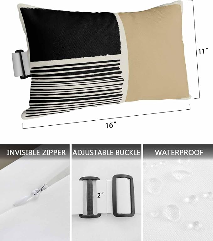 Pack of 2 Outdoor Lumbar Pillow Covers 11x16 Inch, Beige Waterproof Throw Pillow Covers Set, Modern Abstract Art Farmhouse Striped Indoor&Outdoor Decorative Cushion Cases for Patio Porch Car