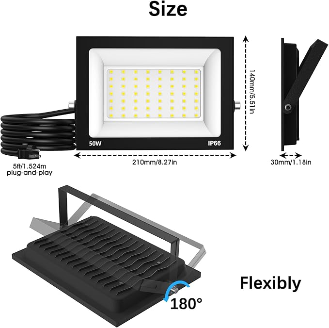 50W Flood Light Outdoor: 2 Pack 5000LM Bright LED Plug-in Flood Light, IP66 Waterproof, 100-265V, 6500K Daylight White, Plug-and-Play, Heat Dissipation, Ideal for Yard, Garage, Stadium