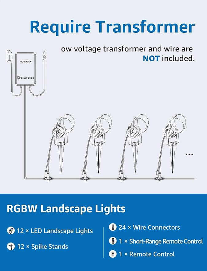 SUNVIE RGBW Low Voltage Landscape Lights Color Changing 12W LED Landscape Lighting Outdoor Waterproof Remote Control for Garden Yard Pathway Christmas Decorative Lighting, 12 Pack with Connector