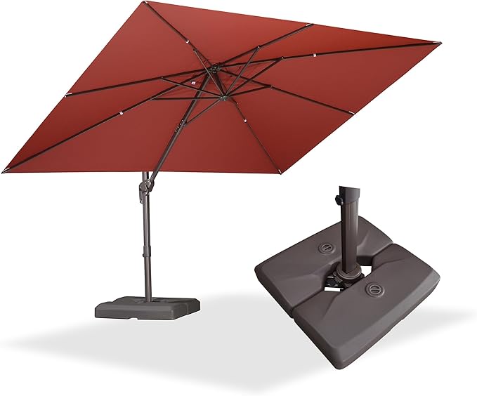 PURPLE LEAF 9' X 11.5' Rectangle Cantilever Umbrella with Base Patio Umbrella Outdoor Aluminum Antique Bronze Offset Hanging Umbrella with 360-degree Rotation for Pool Garden Backyard Deck, Brick Red