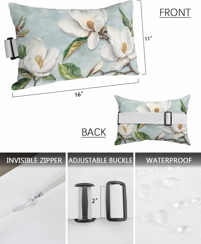 Elegant Tulip Floral Outdoor Beach Chair Pillow Headrest for Chaise Lounge, Country French White Flowers Recliner Head Pillow Waterproof Pillowcases with Elastic Stripes & Pillow Inserts 11x16,1 Pcs