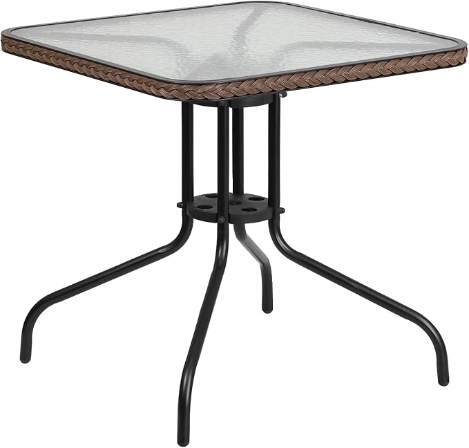 Flash Furniture Lila 3-Piece 28" Square Indoor/Outdoor Patio Table and Chairs Set, Glass Metal Bistro Table and 2 Stacking Rattan Chairs, Brown | Tempered Glass, Dark Brown Rattan Edging, 2 Rattan Stack Chairs