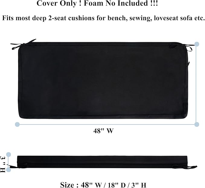 FUNHOME Outdoor Cushion Covers,48" x 18" x 3", No Insert! Patio Cushion Covers Replacemet,Water Resistant Patio Bench Loveseat Cushion Covers 1 Pack, Black(Covers ONLY)