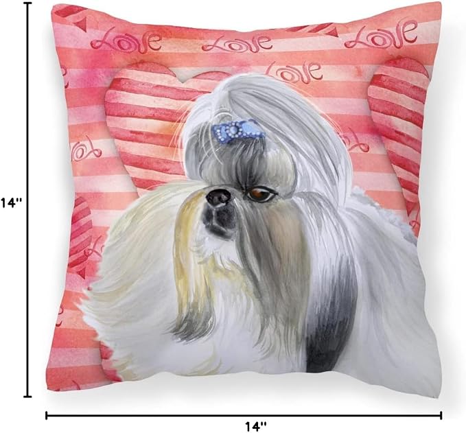 Caroline's Treasures BB9753PW1414 Shih Tzu Love Fabric Decorative Pillow, Red Machine Washable, Indoor Outdoor Decorative Pillow for Couch, Bed or Patio, 14Hx14W
