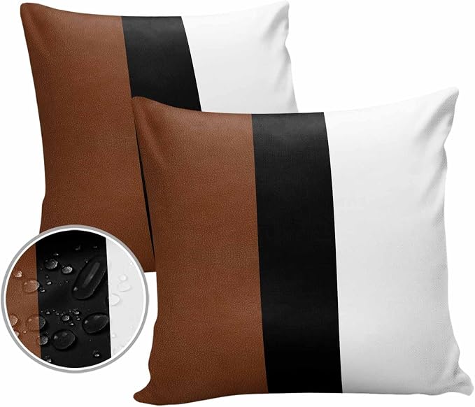 Outdoor Waterproof Throw Pillow Covers Set of 2 Brown Black Stripe Pillowcases 18x18 Inches Boho Style Patio Decorative Pillows Cushion Case Patio Pillows for Couch Bed Chair Garden