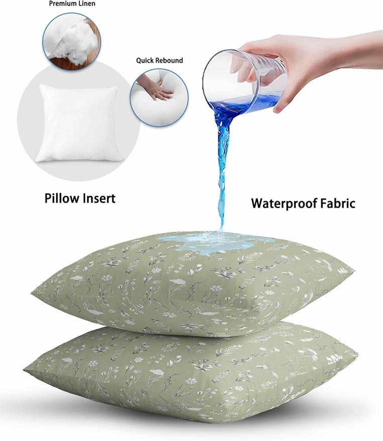 Outdoor Pillows with Inserts 12x20, Sage Green Wildflowers Waterproof Outdoor/Indoor Throw Pillows, Farmhouse Botanical Garden Floral Decorative Pillow for Bed Couch Sofa Patio Furniture