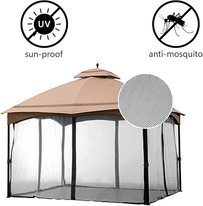 10' x 12' Gazebo Universal Replacement Mosquito Netting,Black Outdoor Canopy Net Screen 4-Panel Sidewall Curtain, with Zippers,Mosquito Netting（Only）