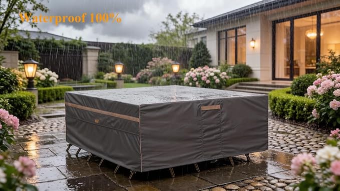 Heavy Duty Waterproof Patio Furniture Covers UV Resistant Rectangular Outdoor Table and Chair Covers 136" Wx 74" D x 28" H Dark Grey